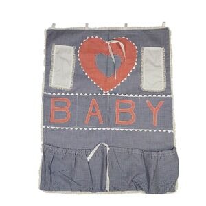 Vintage Handmade Blue & Red Gingham Baby 8‎ Pocket Wall Organizer Heart 80s